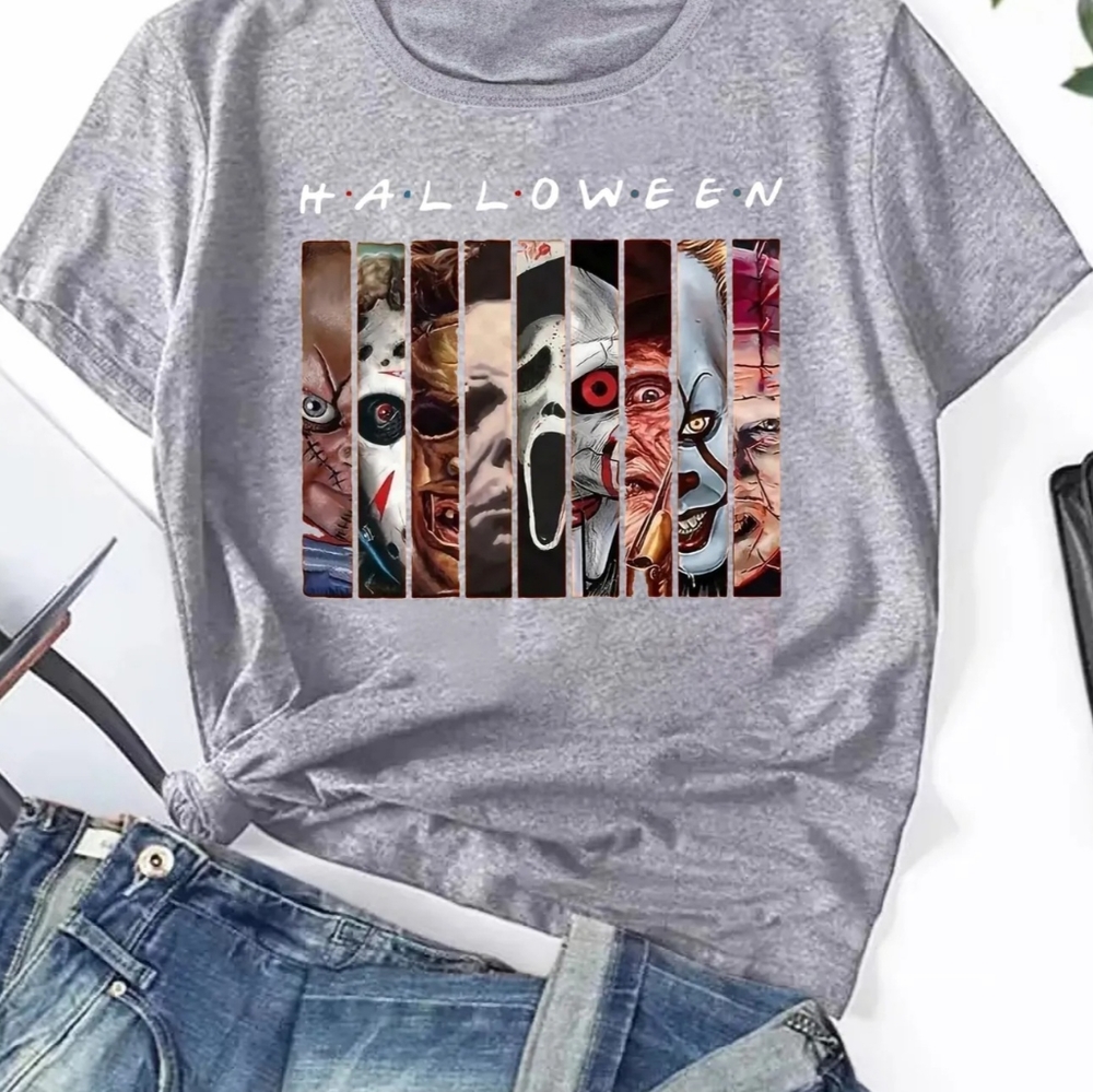 New Women’s Halloween T Shirt 9 Notorious Horror Film Slashers "Friends" One Tee